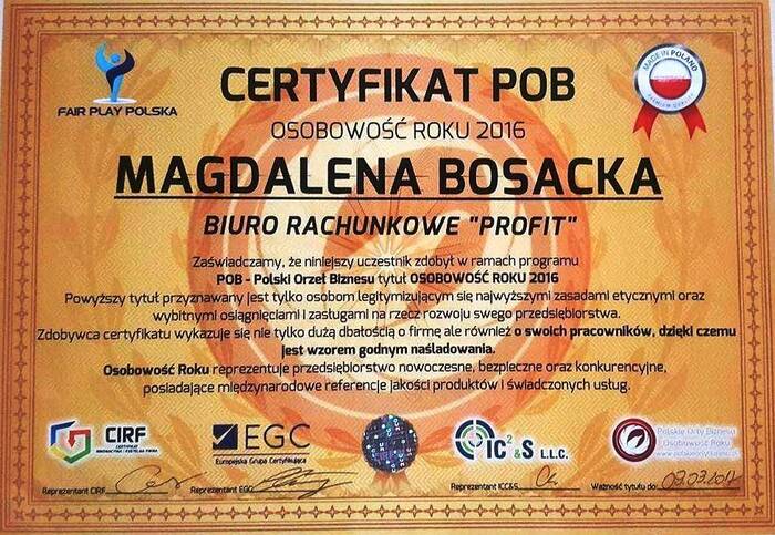 Certyfikat POB Osobowość Roku 2016