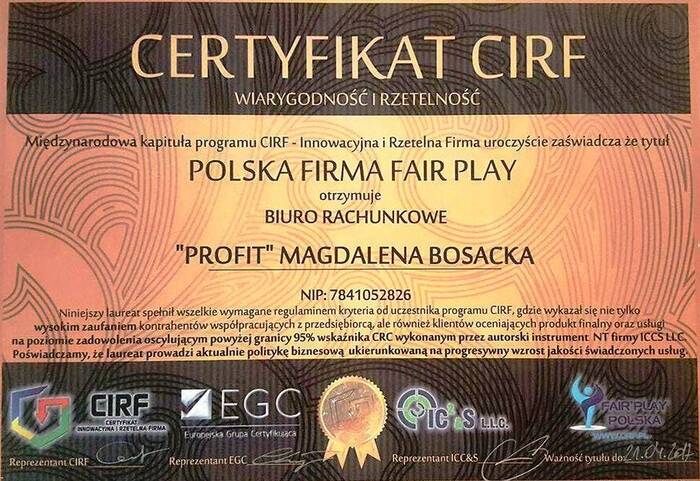 Certyfikat CIRF Polska Firma Fair Play